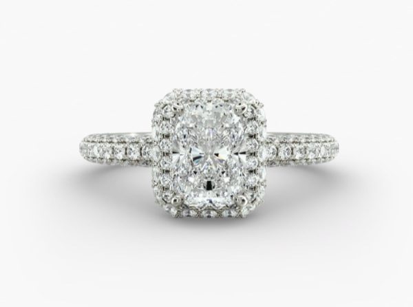 Hand selected Radiant solitaire, double halo and double band diamond Engagement ring