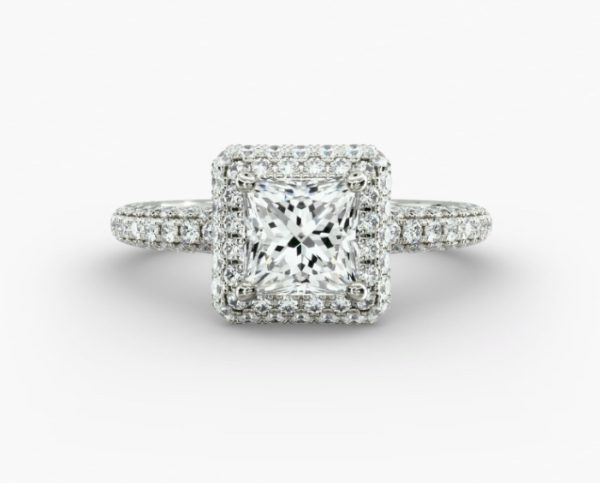 Square Halo design accompanied with 3 sided shank Engagement Ring
