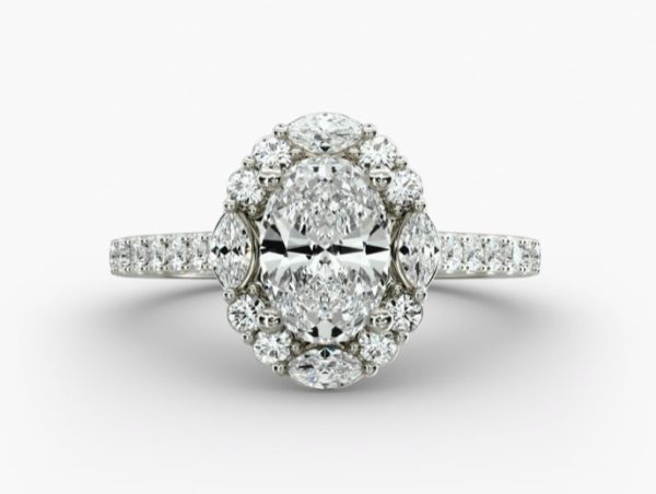 3 carat Oval shape diamond, halo design with channel set smaller diamonds Engagement ring