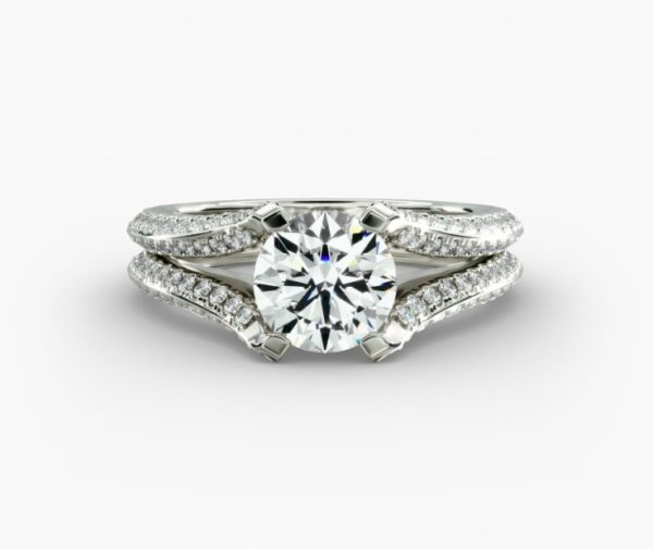 Halo design with smaller diamonds on the shank, 3 sided, Engagement Ring